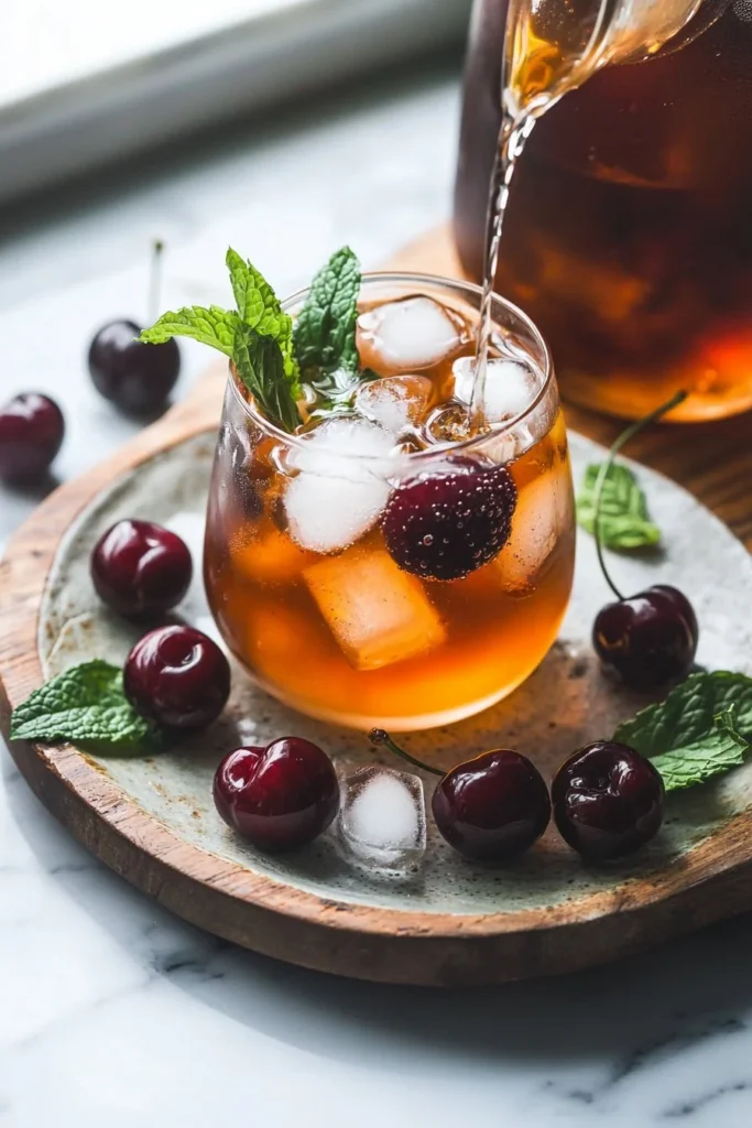 Tall glass of refreshing cherry iced tea with garnishes on a sunny day
