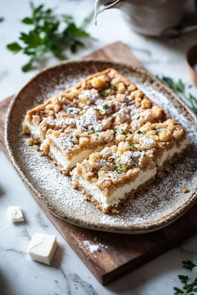 Delicious ricotta crumble bars with a buttery crumb topping and creamy filling.
