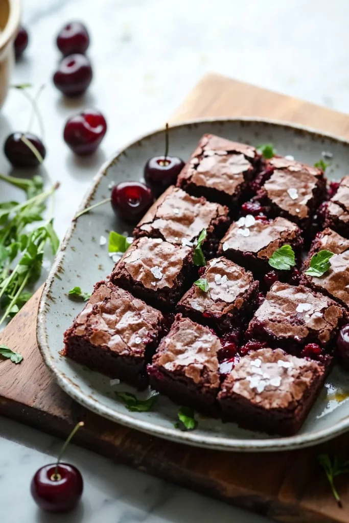 Delicious roasted cherry brownies topped with fresh cherries