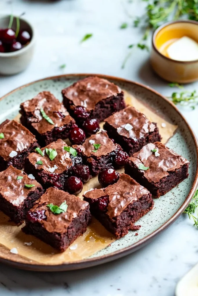 Delicious Roasted Cherry Brownies topped with fresh cherries