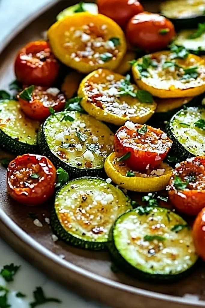 Roasted garlic-parmesan zucchini squash and tomatoes dish