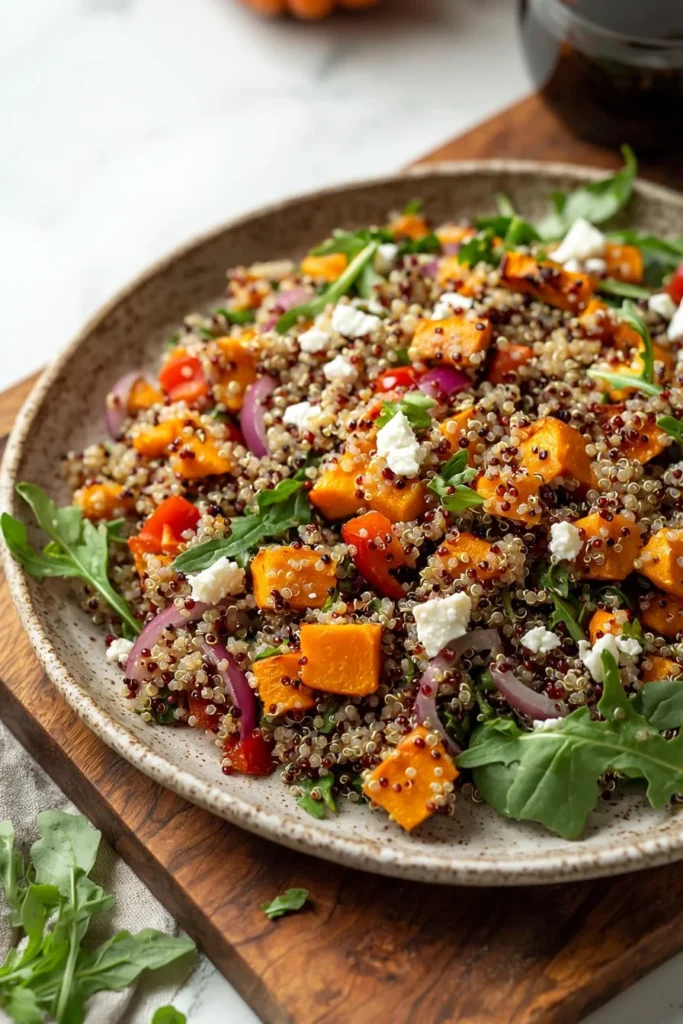 Roasted pumpkin quinoa salad with colorful ingredients in a bowl