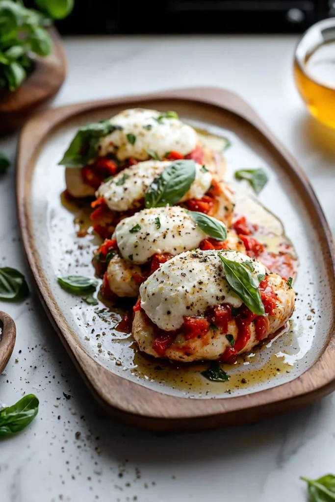 Roasted Red Pepper Mozzarella Stuffed Chicken on a plate garnished with herbs