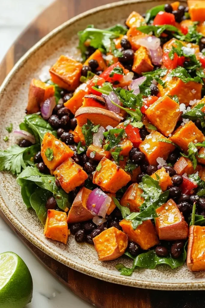 Roasted sweet potato black bean salad served in a bowl with fresh ingredients