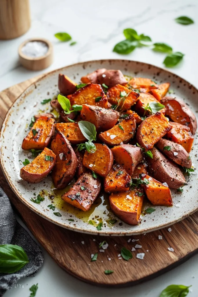 Roasted sweet potatoes and carrots served on a plate