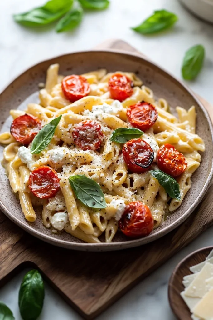 Dish of roasted tomato and garlic ricotta pasta served in a bowl.