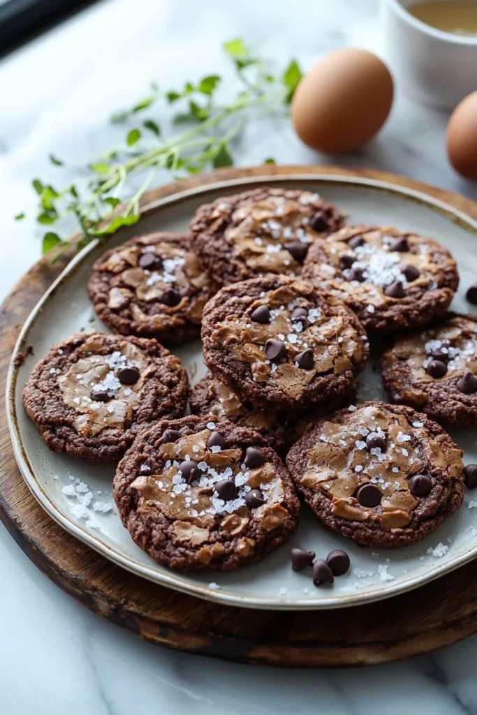 Delicious salted brownie cookies with chocolate chunks and sea salt