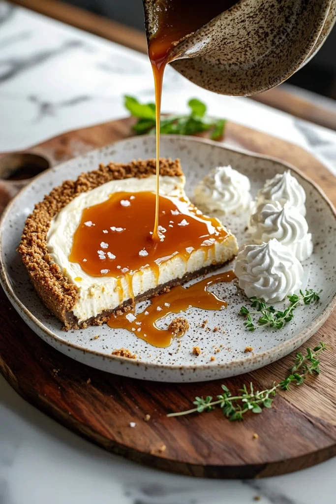 Delicious Salted Caramel Cheesecake topped with a drizzle of caramel sauce