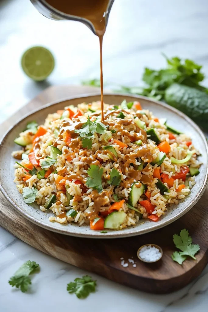 Bowl of satay salad with crispy rice, colorful vegetables, and peanut dressing