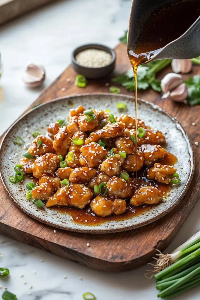 Delicious plate of homemade sesame chicken garnished with sesame seeds.