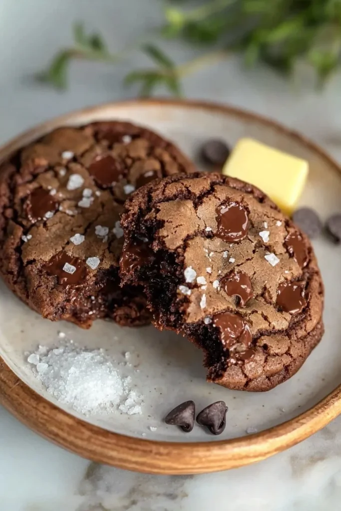 Single serve double chocolate cookie on a plate with chocolate chips