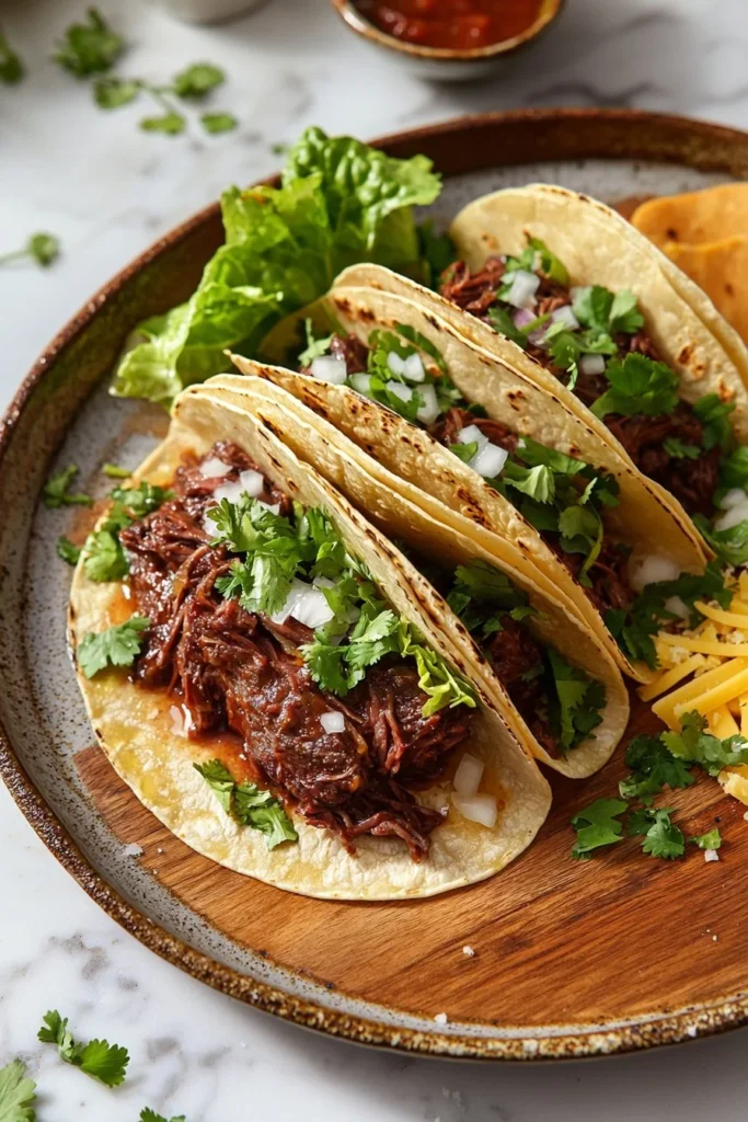 Delicious slow-cooked beef tacos served in soft tortillas with toppings.