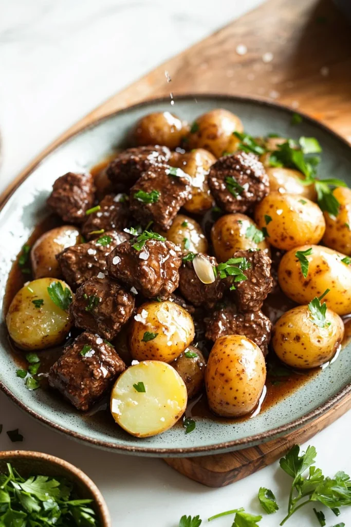 Slow cooker garlic butter beef bites with potatoes cooked to perfection