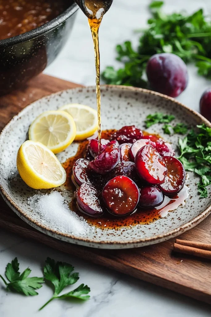 Slow cooker plum butter in a jar with fresh plums