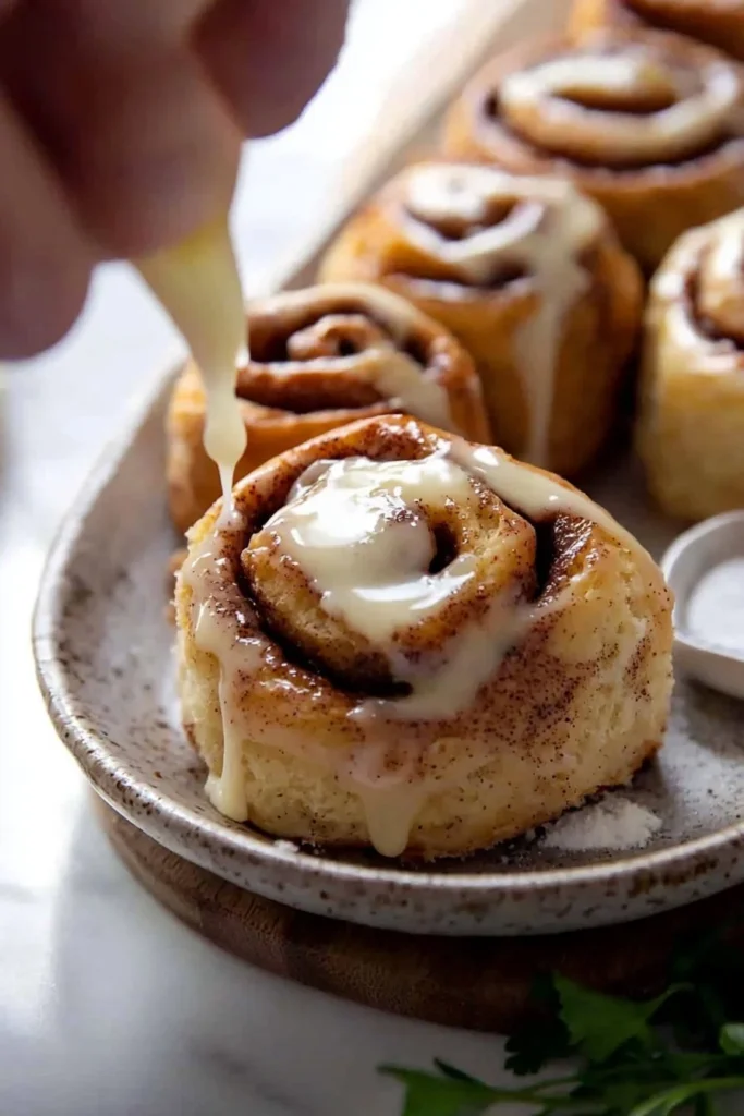Freshly baked small batch cinnamon rolls with icing on a cooling rack.