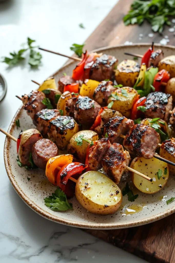 Smoked chicken and beef sausage kabobs with potatoes on a grill