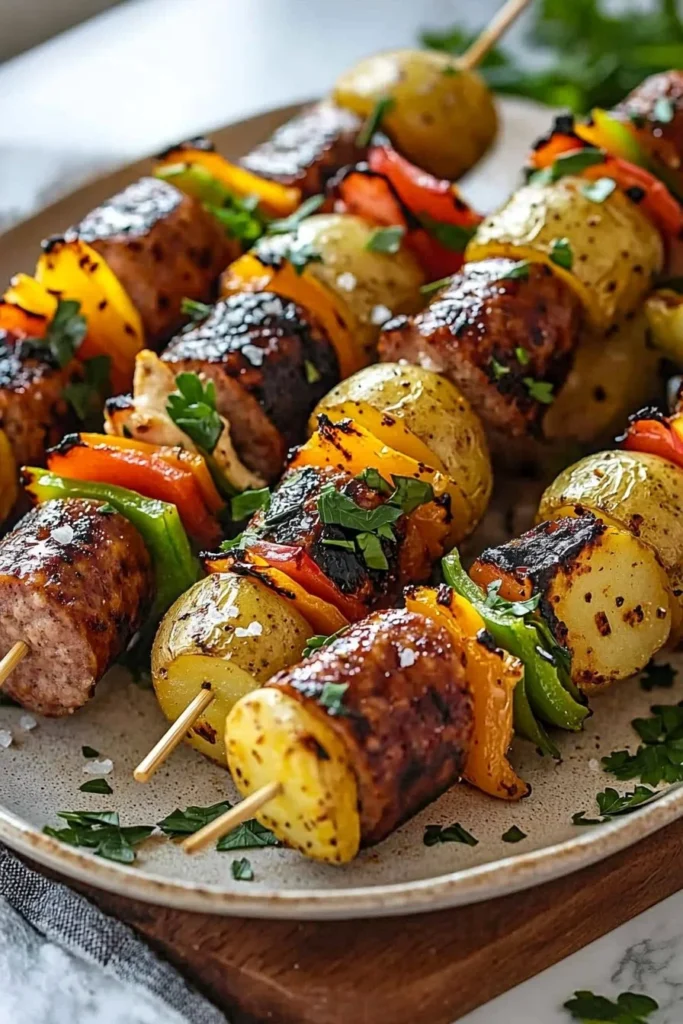 Smoked sausage kabobs with chicken and potatoes on a grill plate.