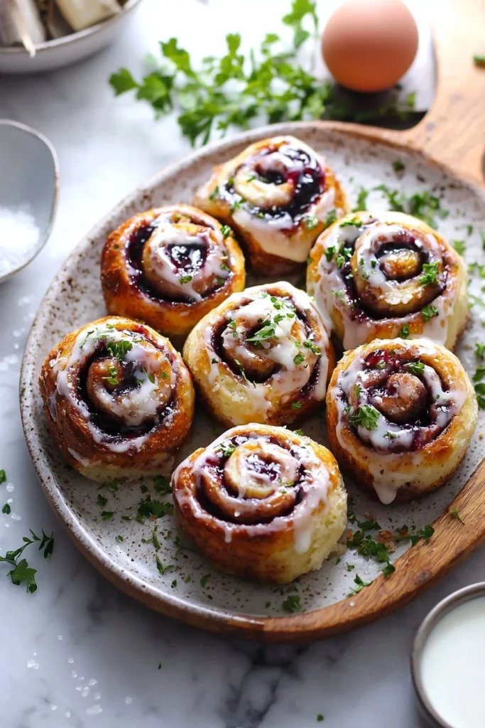 Freshly baked soft cherry cinnamon rolls with icing on top