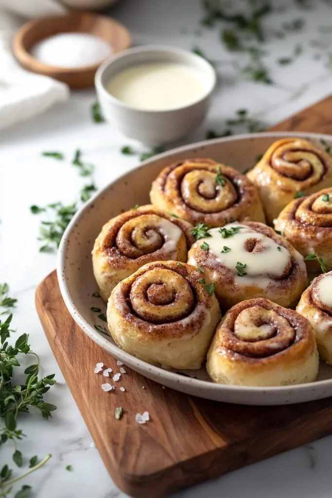 Soft homemade cinnamon rolls with icing on a wooden table