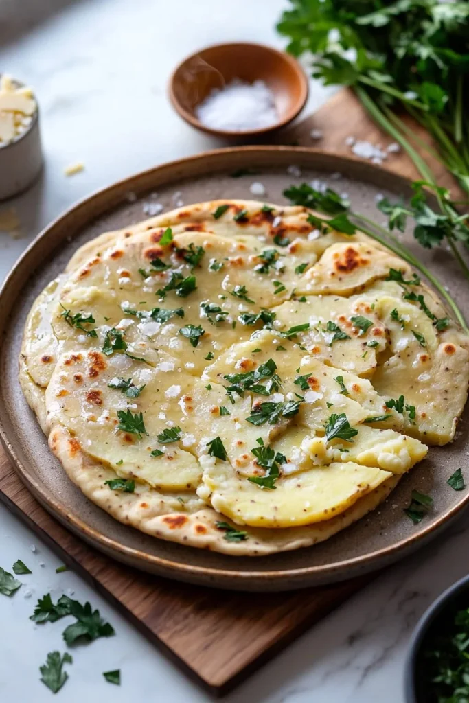 Soft potato flatbread topped with fresh herbs and vegan cheese, served on a plate