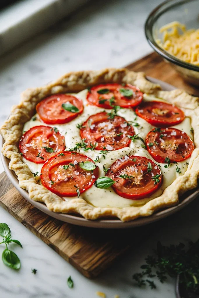 Delicious Southern Tomato Pie with ripe tomatoes and crispy crust