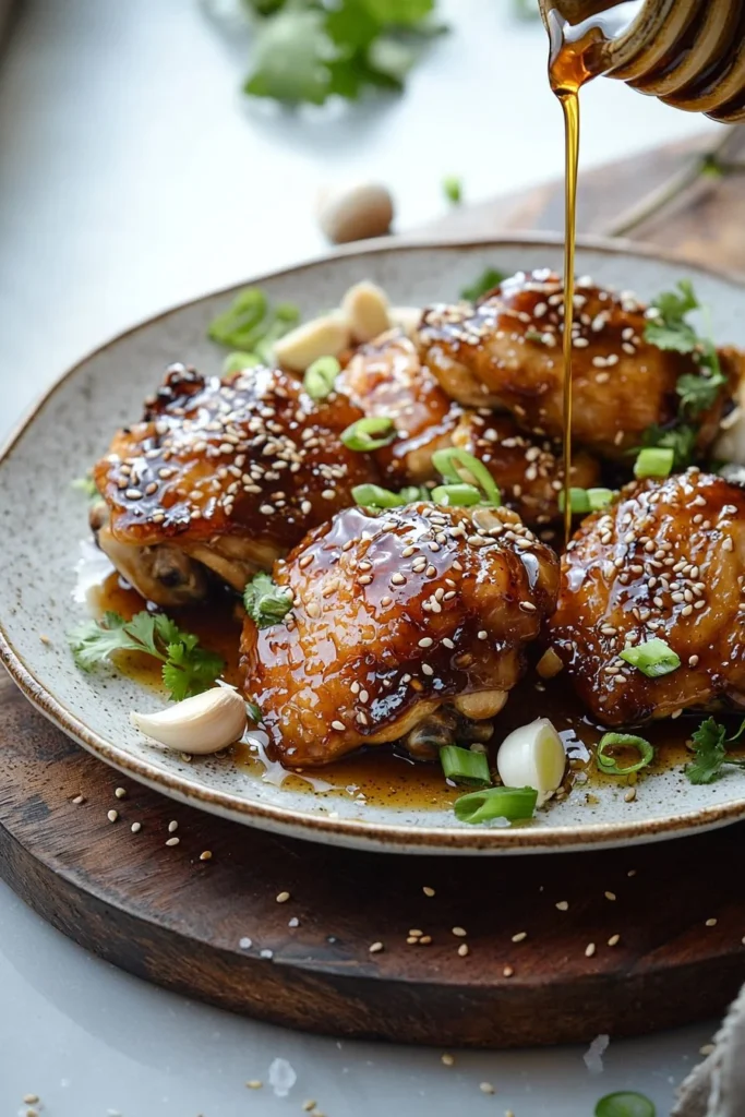 Plate of soy-glazed chicken garnished with green onions on a wooden table