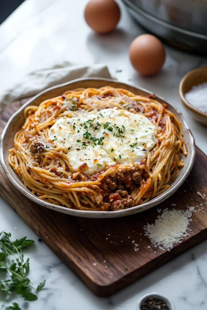 Delicious spaghetti pie casserole served on a plate