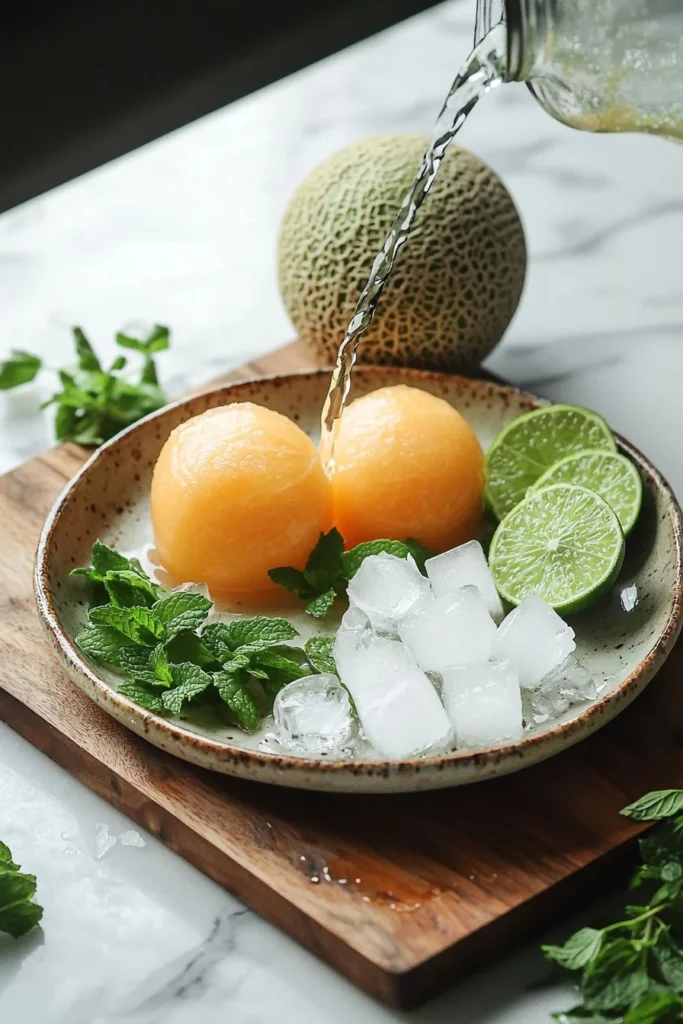 Sparkling Cantaloupe Cooler in a glass, garnished with fresh mint.