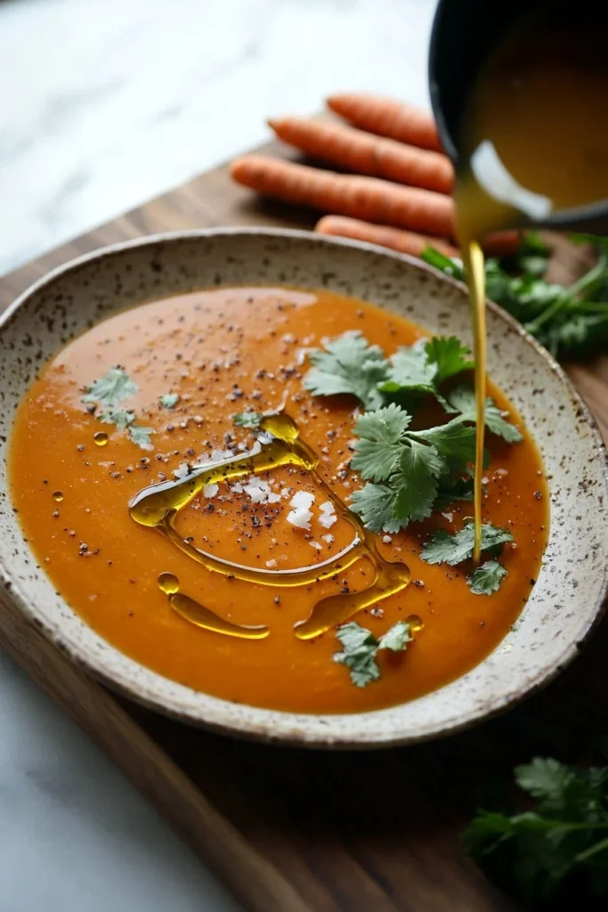 Bowl of spiced carrot sweet potato soup garnished with herbs and spices