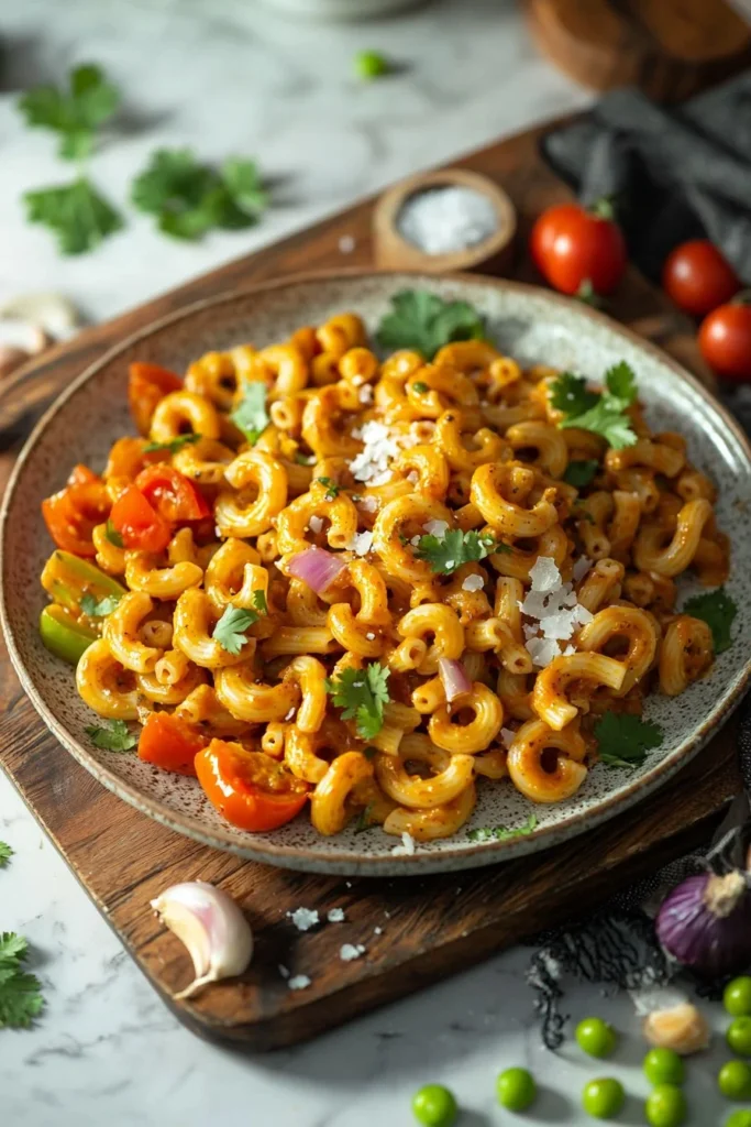 A delicious bowl of spiced macaroni pasta garnished with herbs and spices.