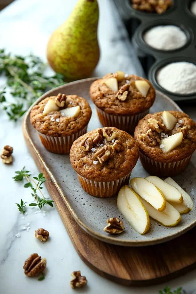 Freshly baked spiced pear muffins topped with cinnamon and nuts.