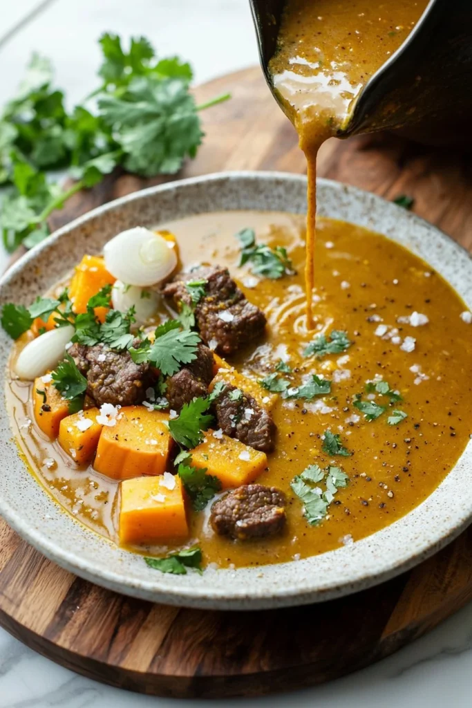 Bowl of spicy beef pumpkin soup with herbs and spices