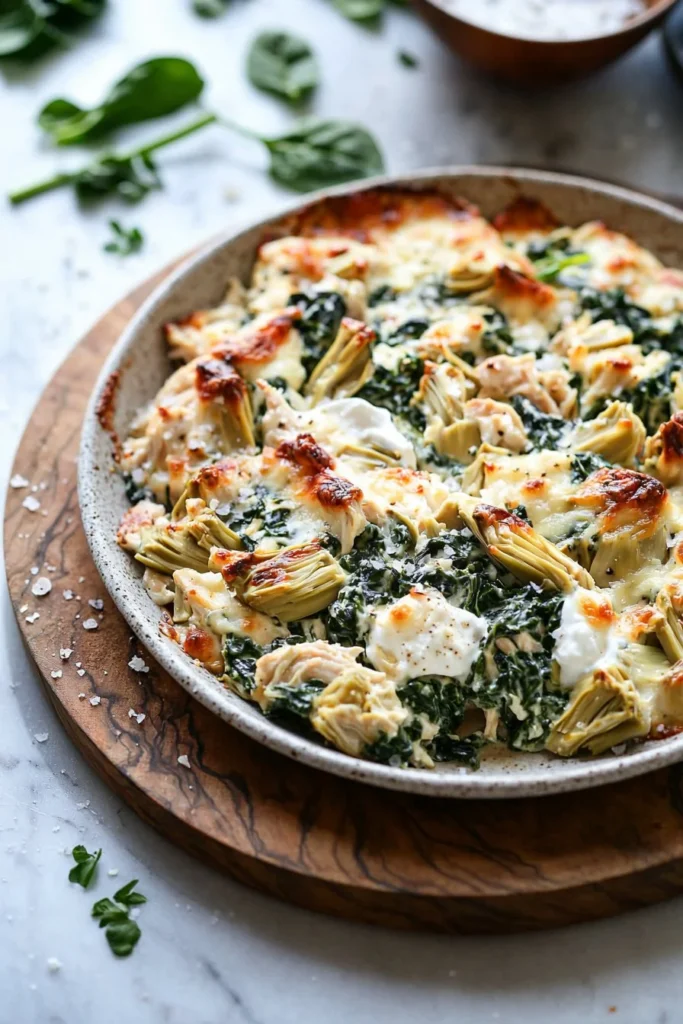 Creamy spinach artichoke chicken casserole baked in a dish
