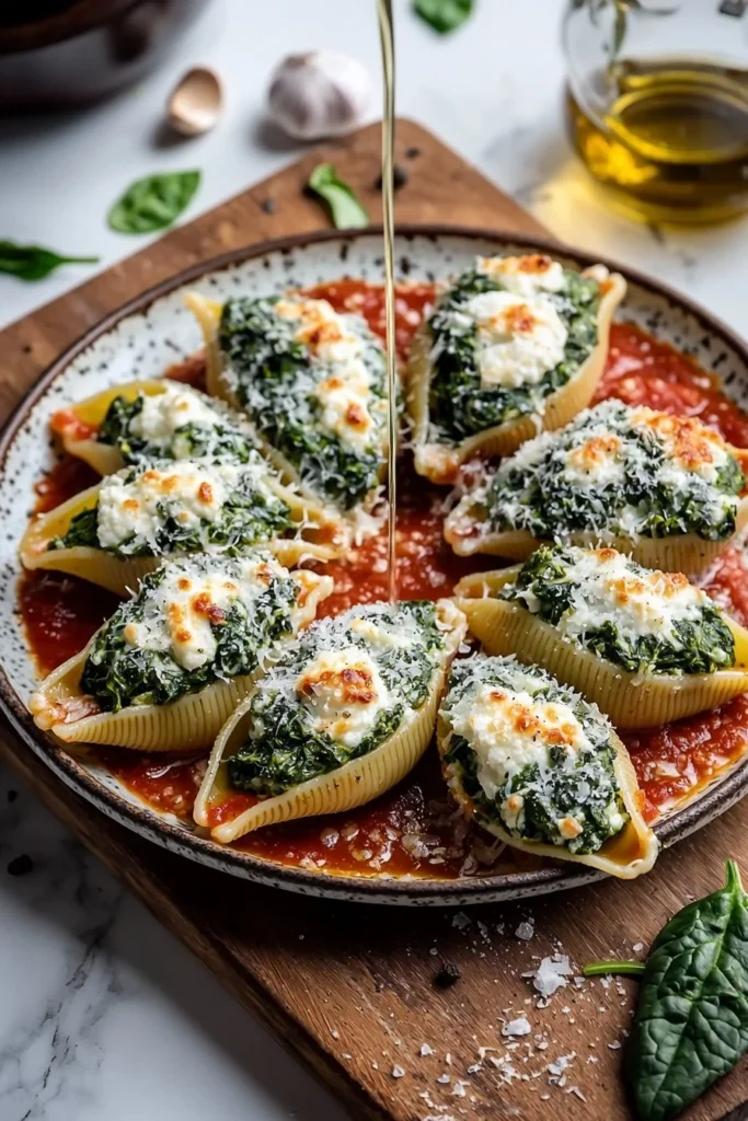 Plate of spinach ricotta stuffed shells garnished with fresh herbs