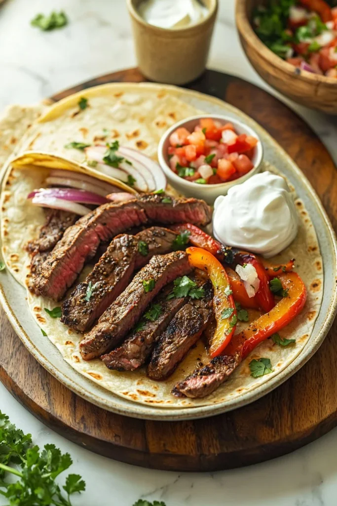 Delicious steak fajitas with vibrant bell peppers and onions served on a skillet.