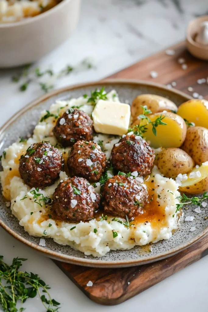 Steak meatballs served with garlic herb mashed potatoes on a plate