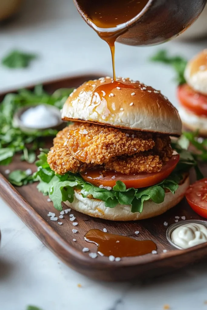 Sticky Crispy Chicken Burger served with fresh toppings and delicious sauce