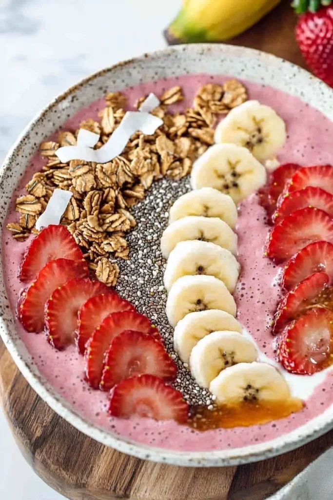A vibrant Strawberry Banana Smoothie Bowl topped with fresh fruits and granola.