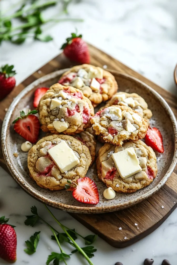 Delicious Strawberry Cheesecake Cookies topped with fresh strawberries and cream.