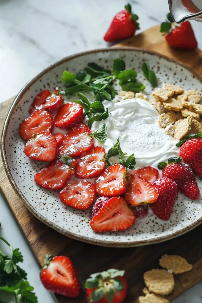 Delicious strawberry cream dessert topped with fresh strawberries