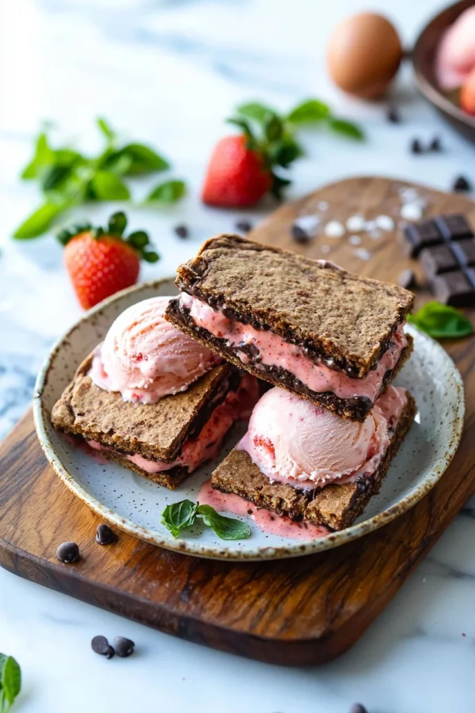 Delicious strawberry ice cream sandwiches with fresh berries and cookies