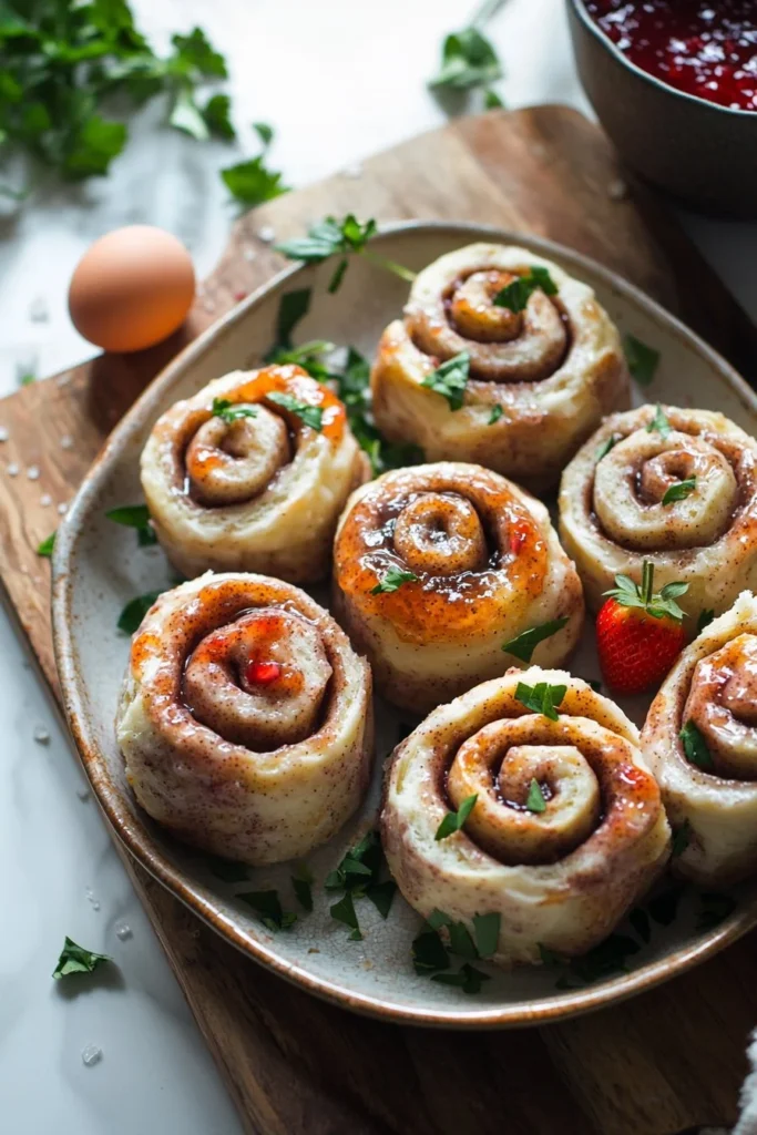 Delicious Strawberry Milk Bread Cinnamon Rolls topped with frosting and strawberries