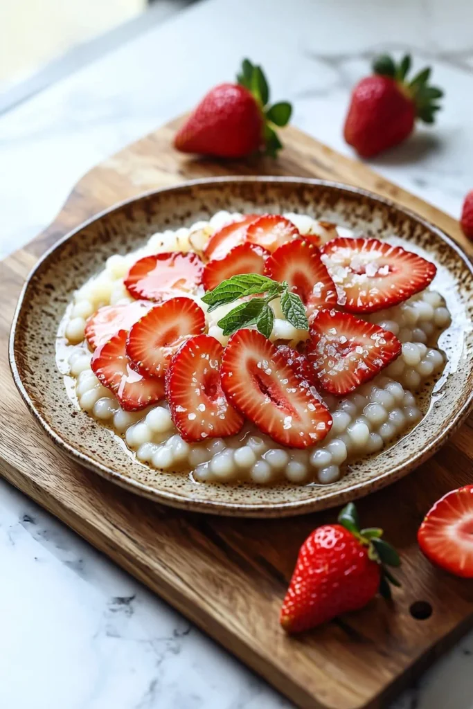 Delicious Strawberry Sago Dessert garnished with fresh strawberries