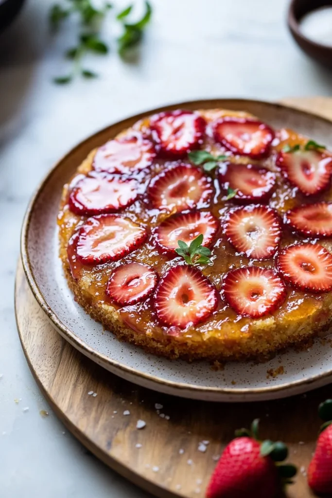 Delicious Strawberry Upside-Down Cake topped with fresh strawberries