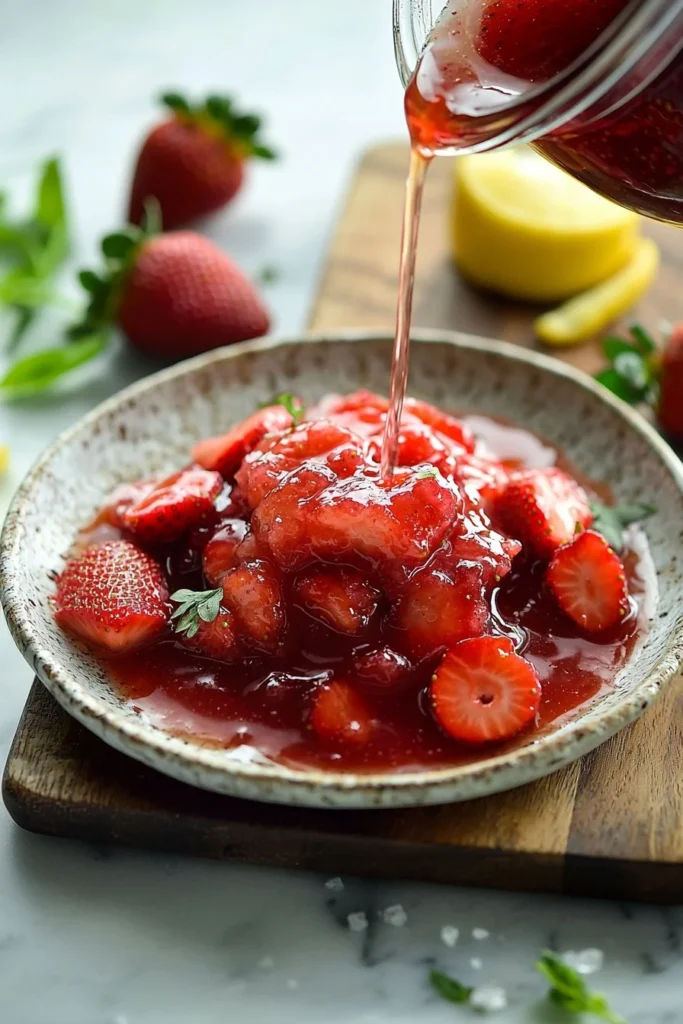 Jar of homemade strawberry vanilla jam with berries and vanilla pods