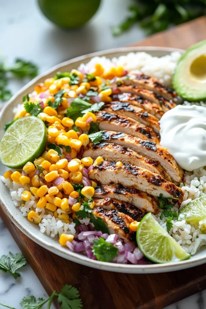Delicious street corn chicken rice bowls topped with fresh ingredients.