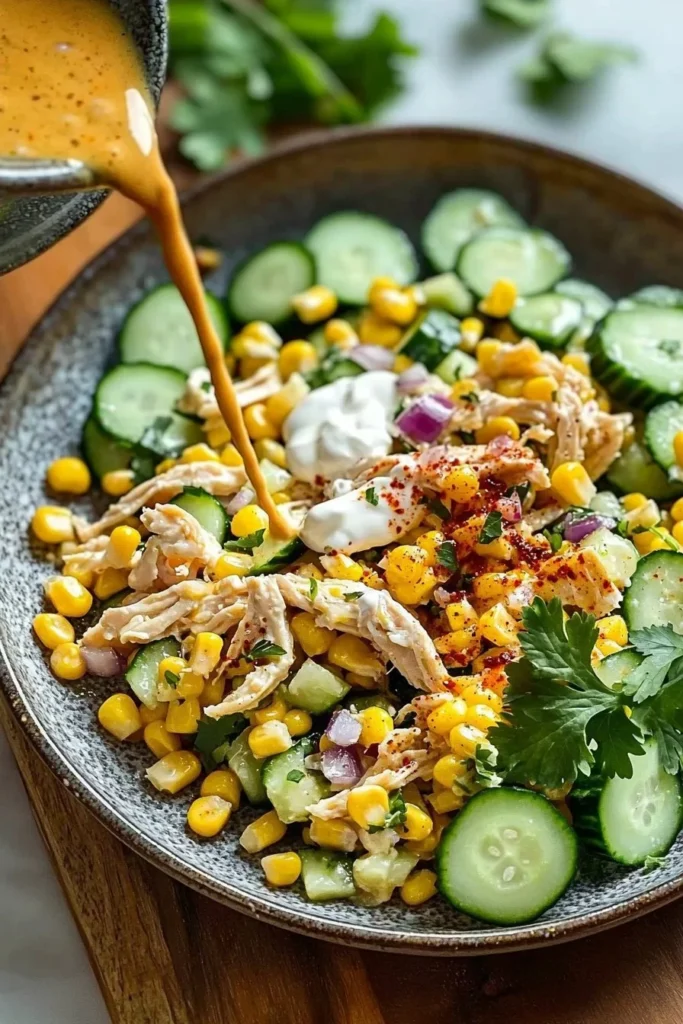 Creamy cucumber chicken salad with street corn flavors in a fresh dish.