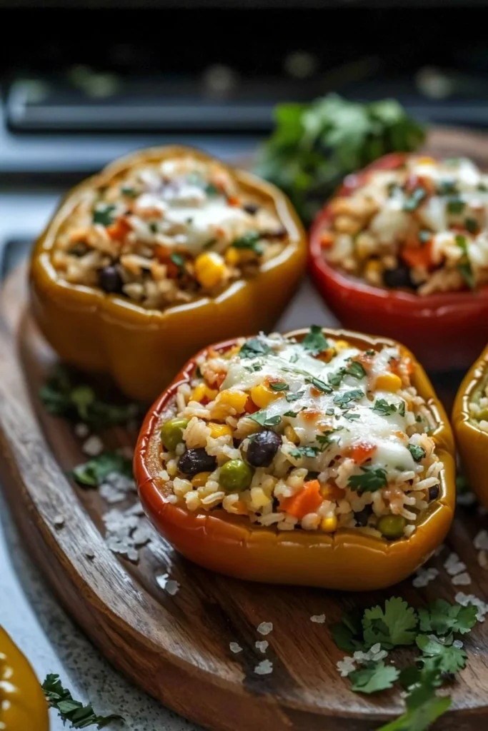 Stuffed bell peppers filled with rice and vegetables, fresh and colorful dish