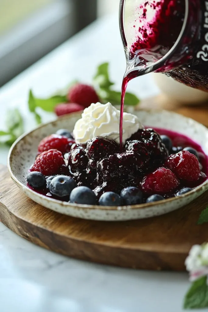 Delicious summer berry jelly dessert with fresh berries