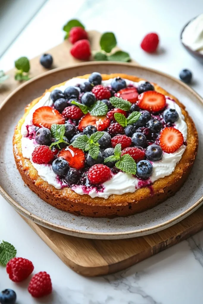 Delicious Summer Berry Poke Cake topped with fresh berries and creamy frosting.